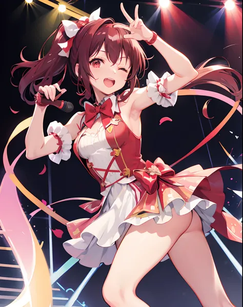 akiyama mizuki, 1other, solo, side ponytail, red_bow, idol clothes, spoken heart, one eye closed, hand on hip, stage lights, standing,(nsfw)