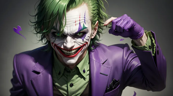 The Joker from batman, Laughing, opened eyes, green hair, purple clothes