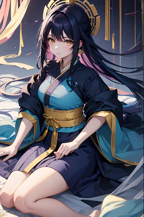 Anime. Solo. Young woman. Woman. A young woman with long navy or dark blue hair and yellow eyes wearing a thin hanfu. Half body potrait.