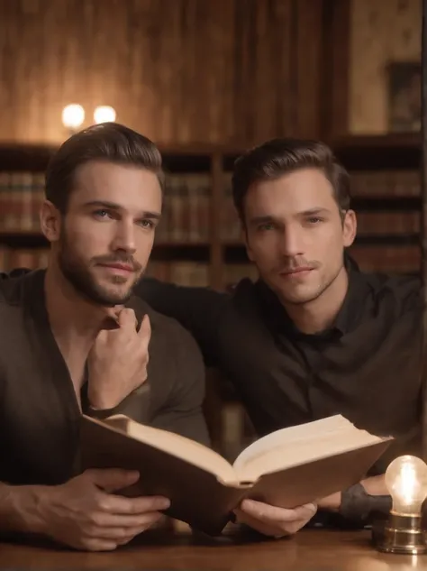 dois homens procurando um livro na estante de uma biblioteca, biblioteca, realista, livros