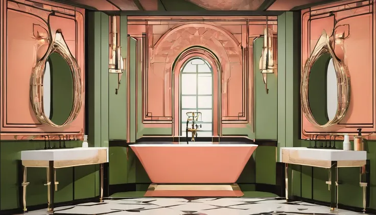 minimalistic photograph of a bathroom with mirror, olive and coral color palette