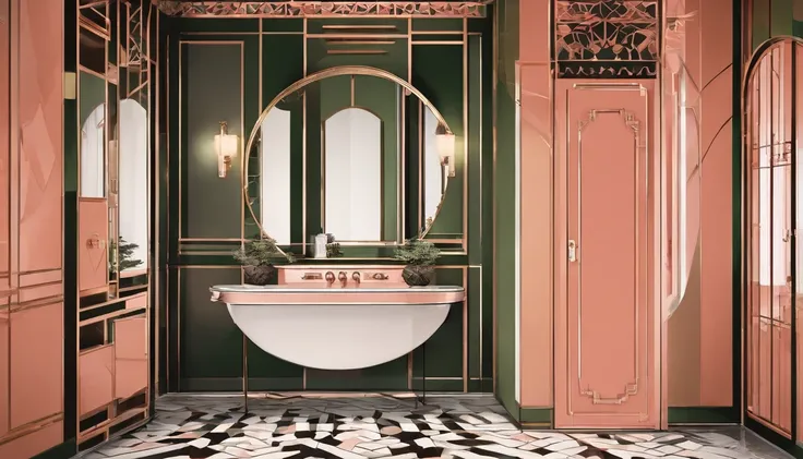 minimalistic photograph of a bathroom with mirror, olive and coral color palette