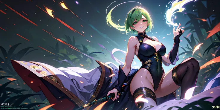 tenka izumo, (short hair, green hair:1.6), green eyes, multicolored hair, sweating, glowing eyes, heavy breathing, epic art, fantasy art, 1girl, (electricity:1.2), solo, breasts, weapon, leotard, holding, thighhighs, large_breasts, looking_at_viewer,cleava...