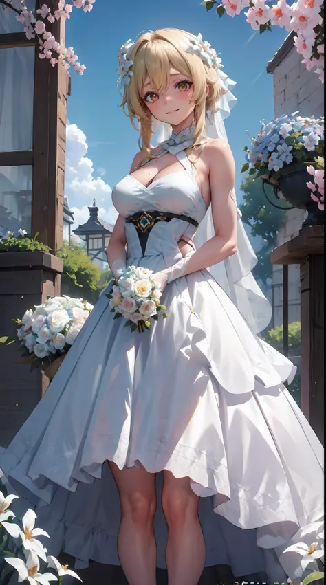 Lumine | genshin impact, master-piece, bestquality, 1girls,25 years old, proportional body, proportional., Wedding Dresses, White Wedding Dress, Long skirt, wedding, mediuml breasts, ,bara, Standing in the middle of a flower garden, outdoor, wedding, The s...