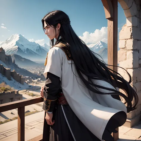 In the background are mountains, A young man, 18 years old named Men, black eyes, long hair, White, wearing a black tunic, Hold your head