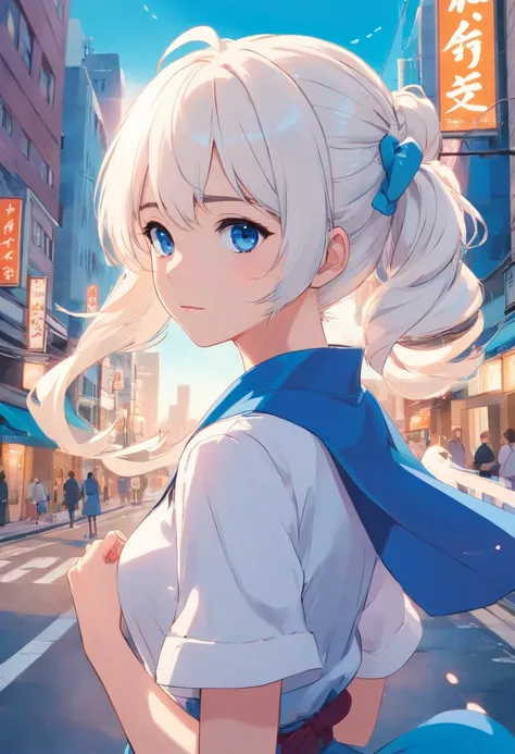 White color hair，Double ponytail curls，blue color eyes，White Lolita，Beth，A bustling city street