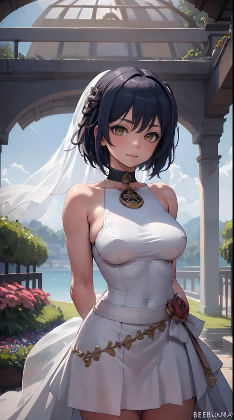 Kujou Sara| genshin impact, master-piece, bestquality, 1girls,25 years old, proportional body, proportional., Wedding Dresses, White Wedding Dress, Long skirt, Big skirt, mediuml breasts, ,bara, choker, Standing in the middle of a flower garden, outdoor, T...