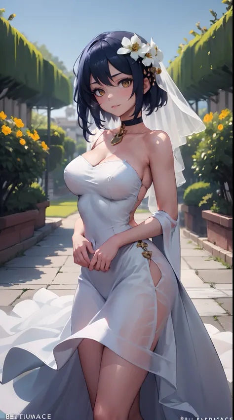 Kujou Sara| genshin impact, master-piece, bestquality, 1girls,25 years old, proportional body, proportional., Wedding Dresses, White Wedding Dress, Long skirt, Big skirt, mediuml breasts, ,bara, choker, Standing in the middle of a flower garden, outdoor, T...