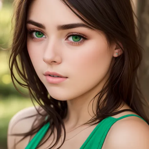 Super realistic beautiful brunette young teenage girl bright green eyes chiseled face