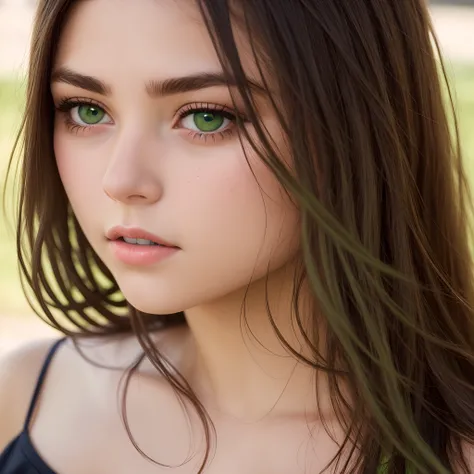 Super realistic beautiful brunette young teenage girl bright green eyes chiseled face