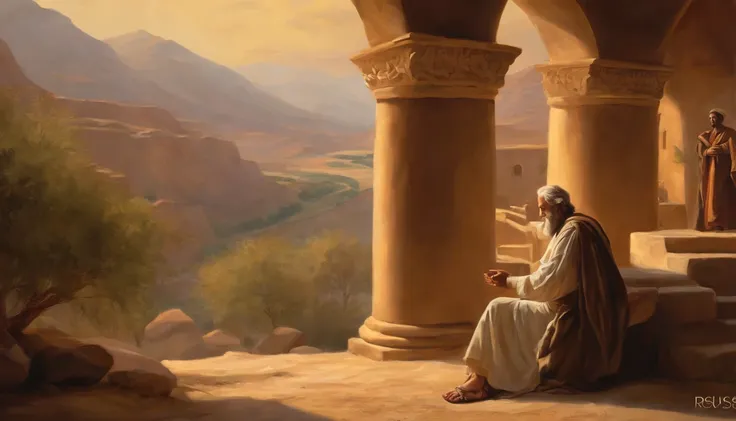 In the Bible, Abraham offers Isaac to God as riches, Young Isaac, Old Abraham, mountains,papyrus,Weathered parchment,Old gowns,,History reference,High-quality artwork and details,Realistic portrait style,Subtle color palette,vibrant background,natural text...