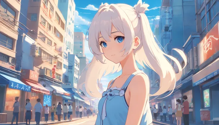 White color hair，All over the body，Double ponytail curls，blue color eyes，White Lolita，Beth，A bustling city street，Raised sexy，adolable，Rounded