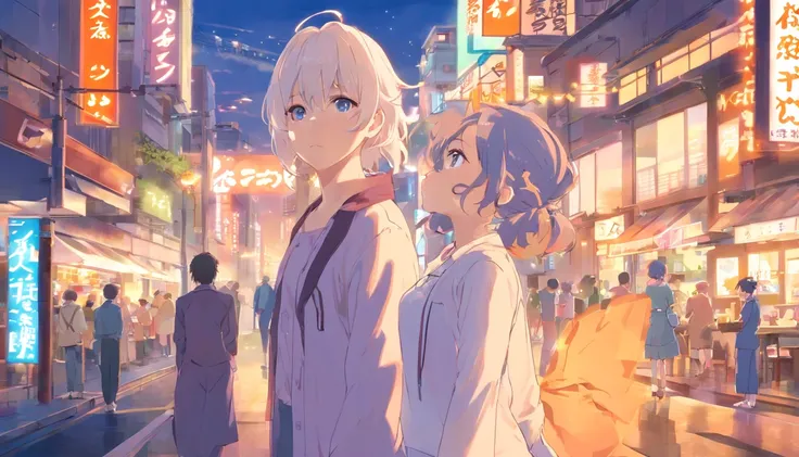 White color hair，All over the body，Bigchest。Look to the left，Rule of thirds composition，Double ponytail curls，blue color eyes，White Lolita，Beth，A bustling city street，Raised sexy，adolable，Rounded