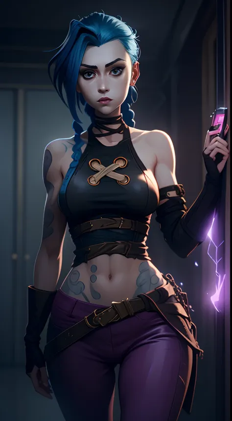 jinx's character design, dynamic movements, bare breast, covers the chest with his hands, swollen ,  butt, kitty, sexypose, beau...