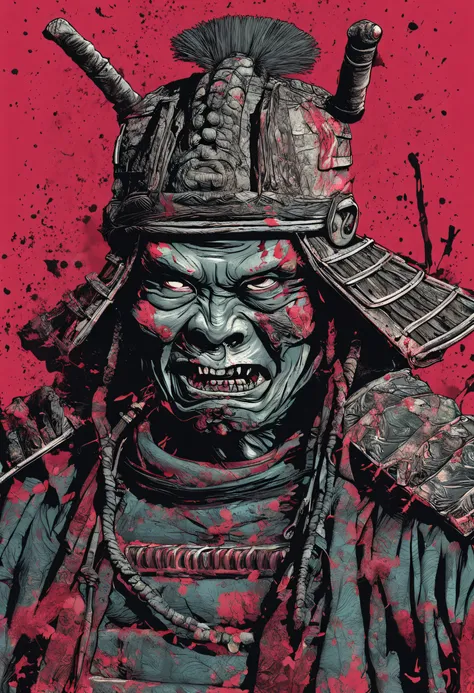 rosto de um samurai estilo zumbi com fundo sombrio e misterioso, macabre traits, scary expression, lighting dramatic, detalhes intricados, textura sombria, cores frias intensas.