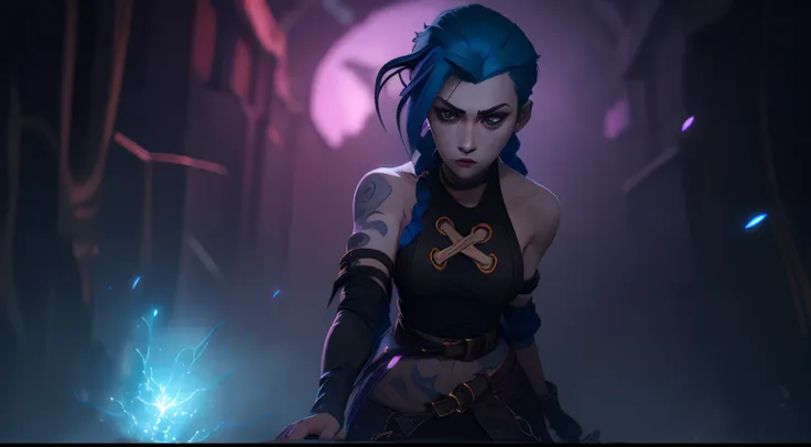 jinx's character design, dynamic movements, naked ass, bare breast, covers the chest with his hands, swollen ,  butt, kitty, sex...