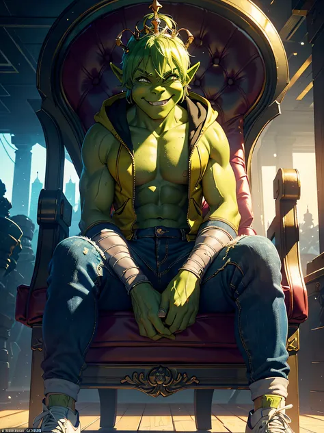 Shrek (Shrek: 1.0), wearing Cyberpunk yellow jacket, ripped skiny jeans, white high-top sneakers, evil smile, strong body, sitting on the throne, wearing a kings crown, Fiona standing by his side, {unity wallpaper Extremely detailed 8k CG}, expansive lands...