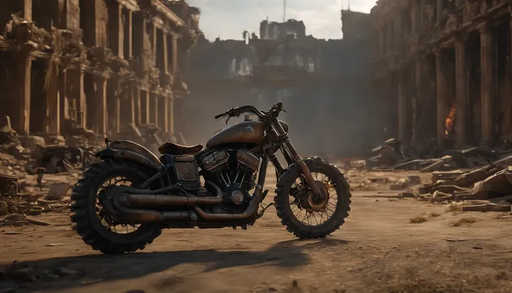 (Best quality,4K,8K,A high resolution,Masterpiece:1.2),Ultra-detailed, (Realistic,Photorealistic,photo-realistic:1.37),(((Post apocalyptic scenario, Desolate atmosphere, Dystopian city ruins)))，madmax，Skeleton on a motorcycle breathing fire