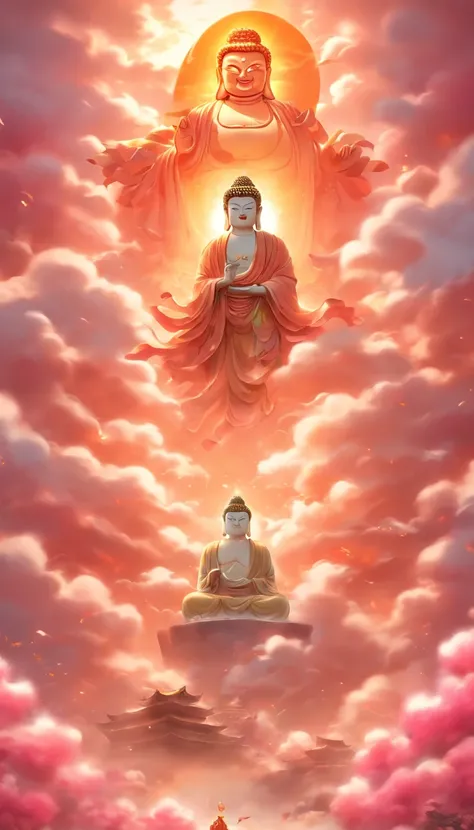 ((Masterpiece))，(Best quality))，China-style，In the sky, The clouds form a huge transparent glowing white jade Maitreya Buddha statue，Thick clouds，The sun shines，Pilgrims on the road，Hyper-realistic，Ultra photo realsisim，Pink，8K，High definition，high qulity，...