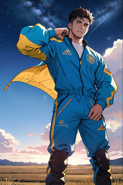 Desenhe um jogador de futebol de pleno direito，Standing on the steppe at night，He was wearing a jumpsuit，O homem parece confiante e determinado，olhando para baixo，crew cut，corpo inteiroesbian，Stars dot the sky，atirando de baixo，Lua grande destaca fundo