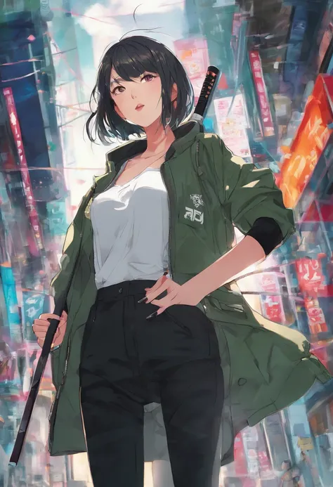 Half body shot in a dynamic, action pose. Cool, beautiful, youthful and sexy 20 year old woman wearing an army green bomber jacket holding a katana high, her head tilted slightly upwards, hair is graying white in a bob cut, midrib exposed. Cinematic compos...