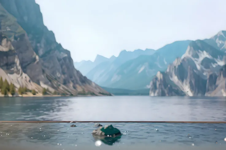 You can see that the background is a body of water for the mountains, detailed lake in background, Lake in the background, The camera angle is low at the water level, a lake between mountains, realistic water sharp focus, High picture quality, bokeh on sid...