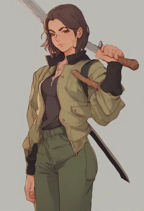 Half body shot in a dynamic, action pose. Cool, beautiful, youthful and sexy 20 year old woman wearing an army green bomber jacket holding a katana high, her head tilted slightly upwards, hair is graying white in a bob cut, midrib exposed. Cinematic compos...