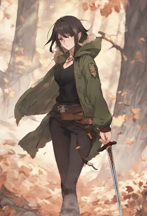 Half body shot in a dynamic, action pose. Cool, beautiful, youthful and sexy 20 year old woman wearing an army green bomber jacket holding a katana high, her head tilted slightly upwards, hair is graying white in a bob cut, midrib exposed. Cinematic compos...