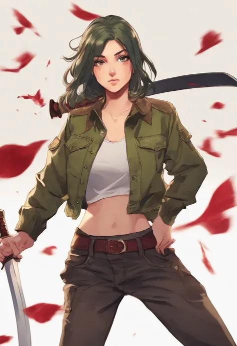 Half body shot in a dynamic, action pose. Cool, beautiful, youthful and sexy 20 year old woman wearing an army green bomber jacket holding a katana high, her head tilted slightly upwards, hair is graying white in a bob cut, midrib exposed. Cinematic compos...