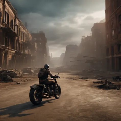 (Best quality,4K,8K,A high resolution,Masterpiece:1.2),Ultra-detailed, (Realistic,Photorealistic,photo-realistic:1.37),(((post apocalyptic city, Desolate atmosphere, Dystopian scenes)))，madmax，Spitfire on a motorcycle