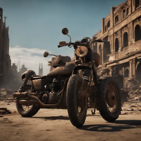 (Best quality,4K,8K,A high resolution,Masterpiece:1.2),Ultra-detailed, (Realistic,Photorealistic,photo-realistic:1.37),(((post apocalyptic city, Desolate atmosphere, Dystopian scenes)))，madmax，Spitfire on a motorcycle