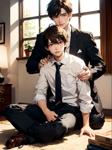 2boys,11 only、(Mans :2),(bobhair:1.5)、A dark-haired、Brown hair、Undress、chum、Brightly colored ties、Cluttered rooms、Twilight,Natural lighting、hightquality、masutepiece,8K,hight resolution、NSFW,