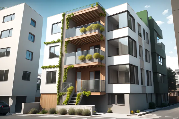 On the second floor there is a building with a balcony and balcony, up front view, green terrace, Arbor construction, housing architecture, Winner of the Architecture Award, up front view, Contemporary, concrete housing,modern lush condo as shopfront, mini...