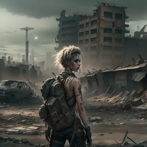 (((post apocalyptic city, Desolate atmosphere, Dystopian landscape))) Postmodern wasteland punk style singer，Jet flame