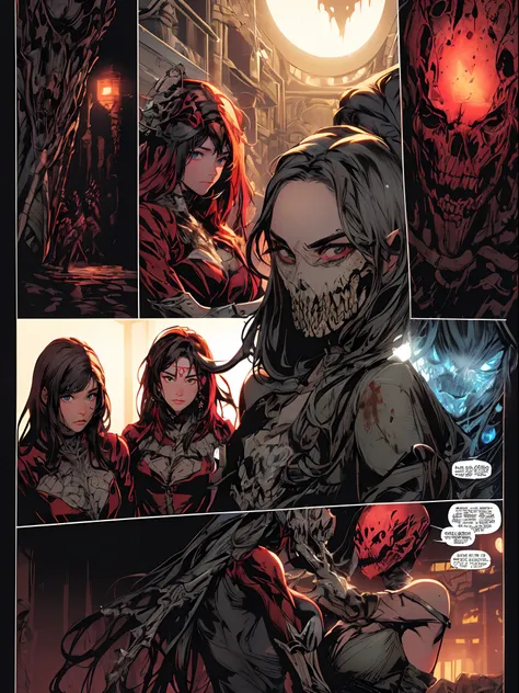 Comic Panels:2,The art of HR Giger and Beksinski comes together in this detail,Determined female warrior,Bloodstained mutant humanoid skeleton monster:1.5,beauitful face,Sophisticated haute couture combat clothing,superheroine,Large amounts of corrosive li...