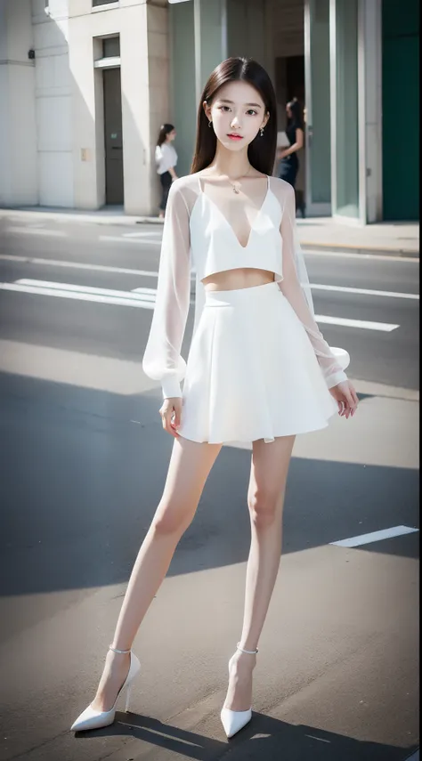 Ultra-clear resolution，top Quority，Wonderful young girl，ear studs，Clear  eyes，plain face，Gloss on lips，s the perfect face，White skin，Perfect chest，Slender legs，Random clothes，black heels，street