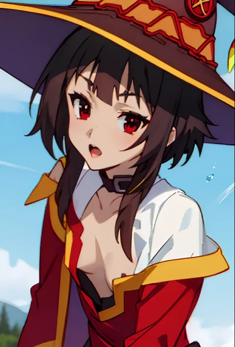 (beste-Qualit, 8K, 12), 1 girl, (megumin), brown hair, the perfect body, ultra detail face, detailed lips, Excited, (((very small boobs))), red eyes, cleavage, ((down blouse:1.4)), looking at viewer, (close up), ((leaned forward))