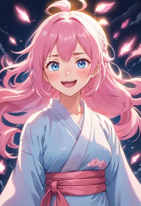 girl  with light pink kimono and long light pink laughing pink hair and light blue eyes angry anime style