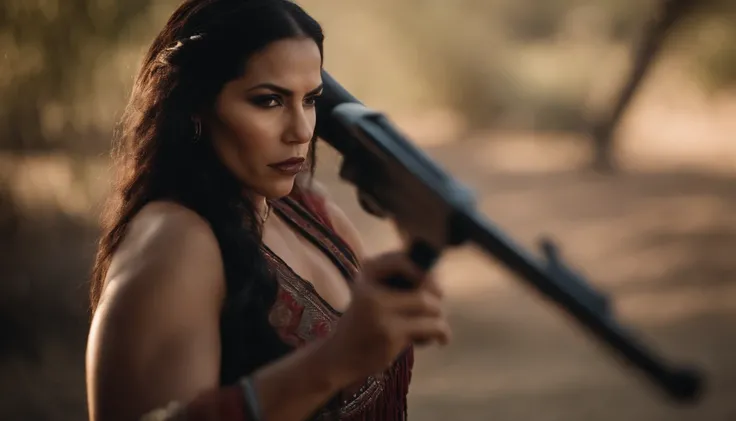 A beautiful  Native American woman, a vampire, has a Chicano style about her, has a great physique, soft demeanor, very mature, and wields a weapon