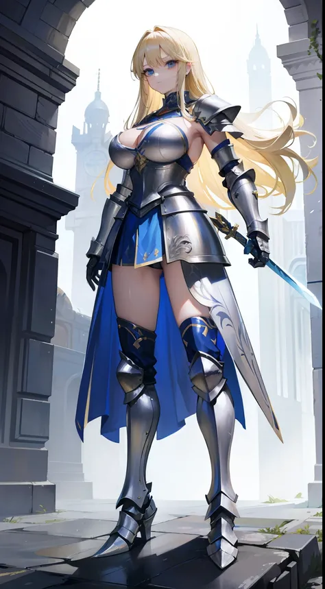 a beauty girl，cabellos largos dorados，blonde with blue eyes，Wear gorgeous armor，(Silver armor)，armor，(Armed with an epee sword)，Huge epee，Shoulder pads，Armour，Chest armor，Battle skirts，Leg nails，boot，(huge tit)