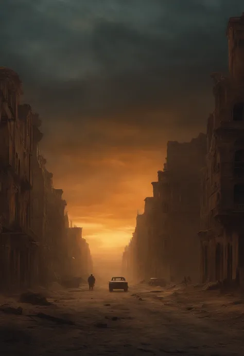 apocalyptic city，ruined buildings，postapocalyptic，Zdzislaw Beksiński，madmax: Fury Road，low key lighting，tmasterpiece，Detailed details，k hd，Tyndall effect