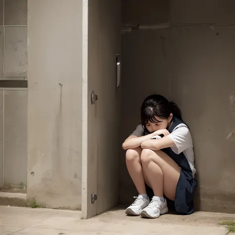 Woman crouching alone in solitary confinement in prison crying