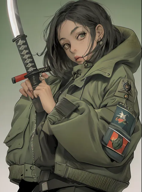 half body shot in a dynamic, action pose. cool, beautiful, youthful and sexy 20 year old woman wearing an army green bomber jack...