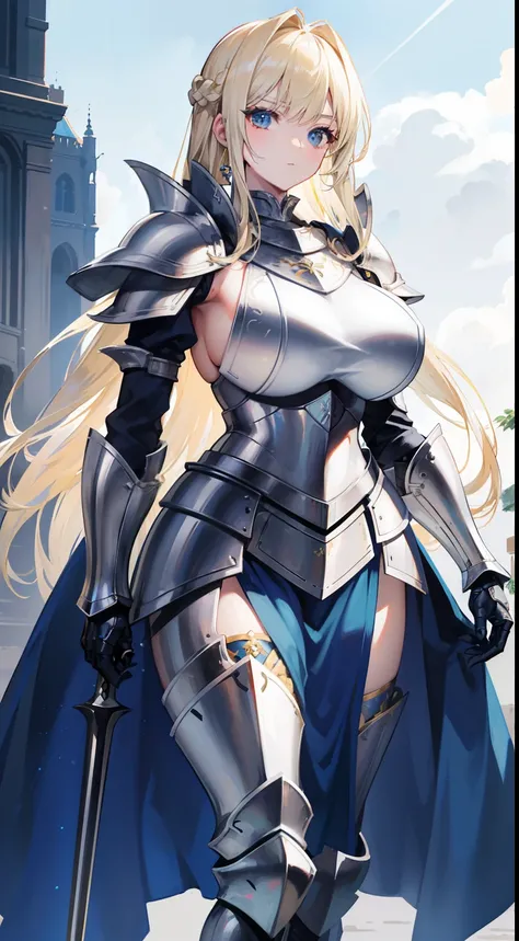 a beauty girl，cabellos largos dorados，blonde with blue eyes，Wear gorgeous armor，(Silver armor)，Armor，(holding a long spear)，Huge spears，Shoulder pads，Armour，chest plate，Combat skirt，Leg nails，(royal knights)，(huge tit)