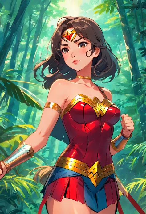 mujer afroperuana de labios muy grandes y rojos, cabezllo rizado, vestida de wonder woman peruana en la selva