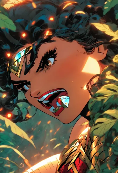 mujer afroperuana de labios muy grandes y rojos, cabezllo rizado, vestida de wonder woman peruana en la selva