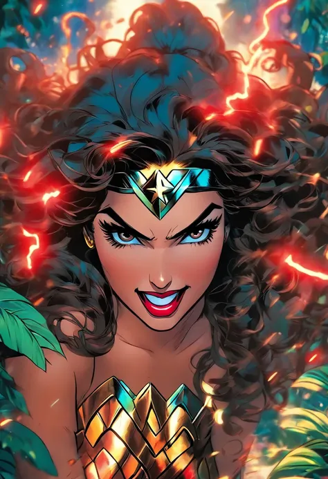 mujer afroperuana de labios muy grandes y rojos, cabezllo rizado, vestida de wonder woman peruana en la selva