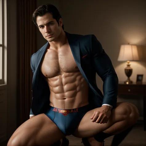 Henry Cavill as Superman in underwear ((Best Quality, 8K, ultra-detailed, Masterpiece: 1.3)), 1boy, no shirt, shiny skin, sharp, Perfect Body Beauty, realistic shaded perfect body, (cute baby face:1.1),("underwear,big bulge ":1.2),(dynamic pose:1.1), thig...