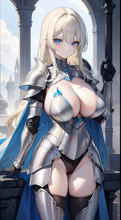 a beauty girl，cabellos largos dorados，blonde with blue eyes，Wear gorgeous armor，(Silver armor)，Armor，(holding a long spear)，huge spear，Shoulder pads，Armour，chest plate，Combat skirt，Leg nails，(Royal Knights)，(huge tit)，(black pantyhoses)，((Pubic bone))