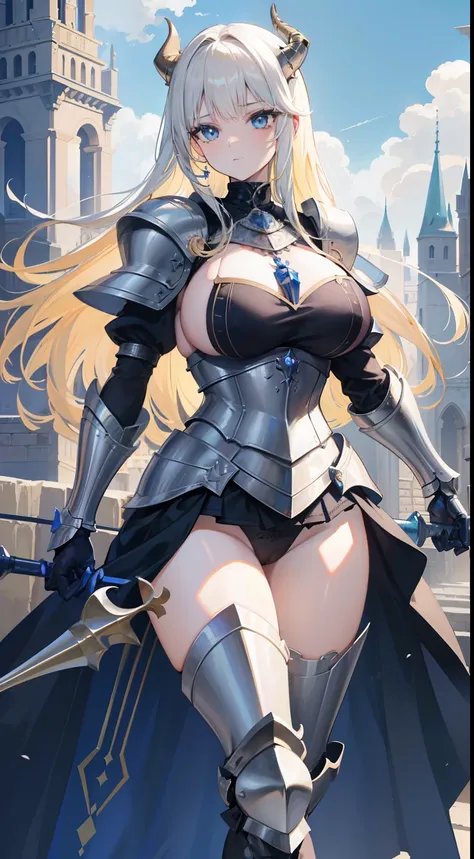 a beauty girl，cabellos largos dorados，blonde with blue eyes，European medieval castles，palaces，Wear gorgeous armor，(Silver armor)，Armor，(holding a long spear)，huge spear，Shoulder pads，Armour，chest plate，Combat skirt，Leg nails，(Royal Knights)，(huge tit)，(bla...